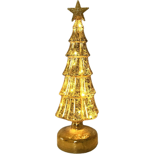 Decoratiune de Craciun, Vivimall, Model Brad cu Stea, din Sticla, Lumini, Baterii 3 AA, 31.5 x 9 cm, Auriu - vivimall.ro