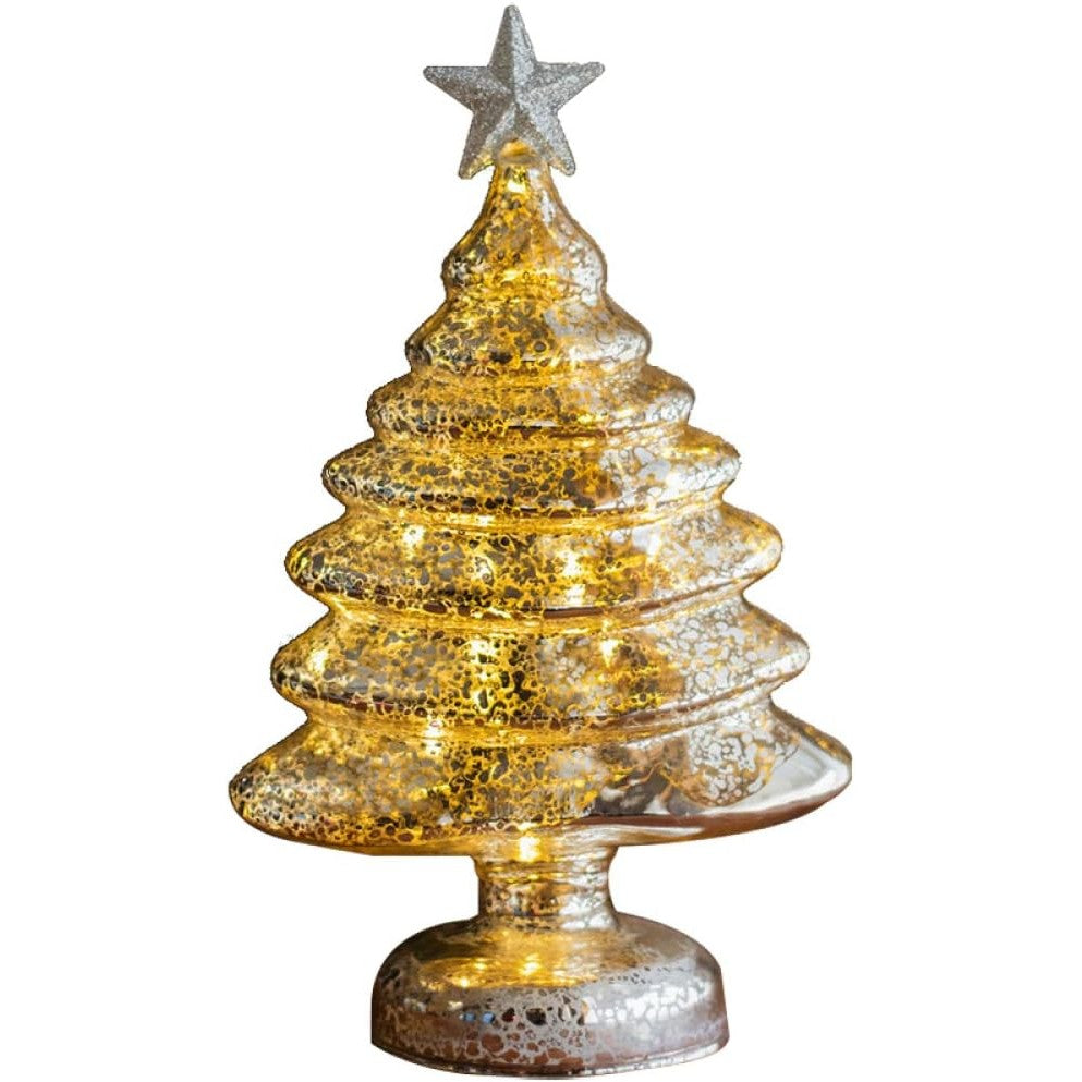 Decoratiune de Craciun, Flippy, Model Brad cu Stea, din Sticla, Lumini, Baterii 3 AA, 22 x 9 cm, Auriu - vivimall.ro