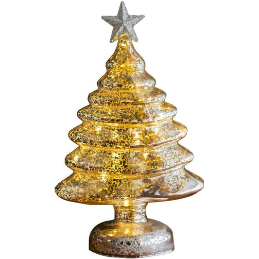 Decoratiune de Craciun, Vivimall, Model Brad cu Stea, din Sticla, Lumini, Baterii 3 AA, 22 x 9 cm, Auriu - vivimall.ro