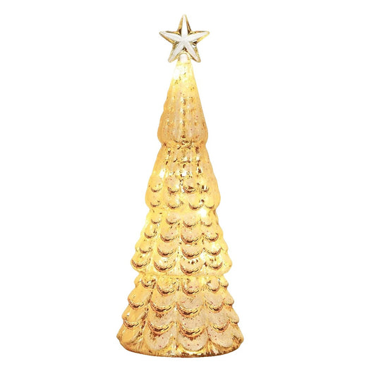 Decoratiune de Craciun, Vivimall, Model Brad cu Stea, din Sticla, Lumini, Baterii 3 AA, 24 x 8 cm, Auriu - vivimall.ro