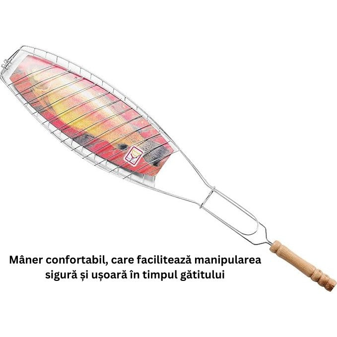 Gratar Grill Inox pentru Peste, Vivimall, cu Maner, de Dimensiuni Reduse, Usor de Transportat si Depozitat, Argintiu, 56x12 cm - vivimall.ro