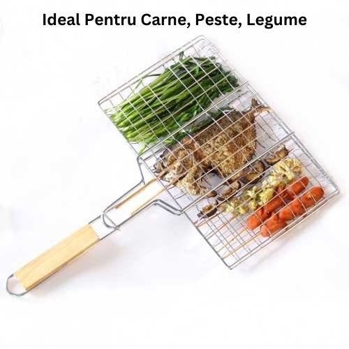 Gratar Pentru Peste Si Carne, Suprafata Utila 32X19 Cm, Otel Inoxidabil, Cu Maner, Portabil, Argintiu - vivimall.ro