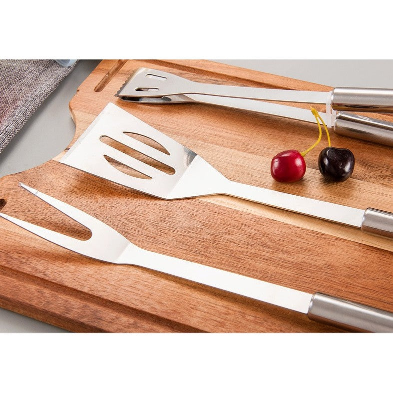 Set 3 Ustensile pentru Gratar, Vivimall, din Otel Inoxidabil, Geanta Oxford, Argintiu - vivimall.ro