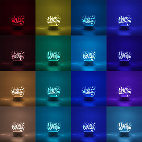 Lampa LED decorativa, Vivimall, 3D, Happy Birthday, cu USB si baterii, 20 cm inaltime, din material acril, lumina multicolora si telecomanda inclusa, alb - vivimall.ro