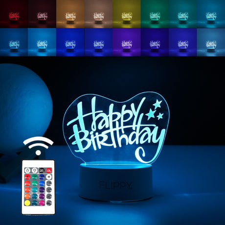 Lampa LED decorativa, Vivimall, 3D, Happy Birthday, cu USB si baterii, 20 cm inaltime, din material acril, lumina multicolora si telecomanda inclusa, alb - vivimall.ro