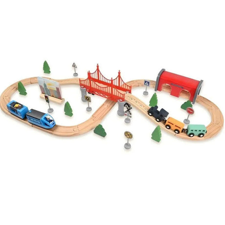 Set Trenulet Electric din Lemn, Flippy, 52 Piese, Jucarie Educativa Montessori, Tunel High-Speed Journey, Tren de Viteza si Tren Marfa, 3 ani+, Multicolora - vivimall.ro