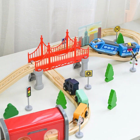 Set Trenulet Electric din Lemn, Flippy, 52 Piese, Jucarie Educativa Montessori, Tunel High-Speed Journey, Tren de Viteza si Tren Marfa, 3 ani+, Multicolora - vivimall.ro