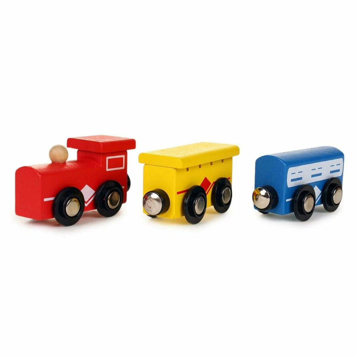 Cutie set trenulet lemn Flippy, dimensiuni 32 x 23 x 7 cm, conținut afișat pe ambalaj