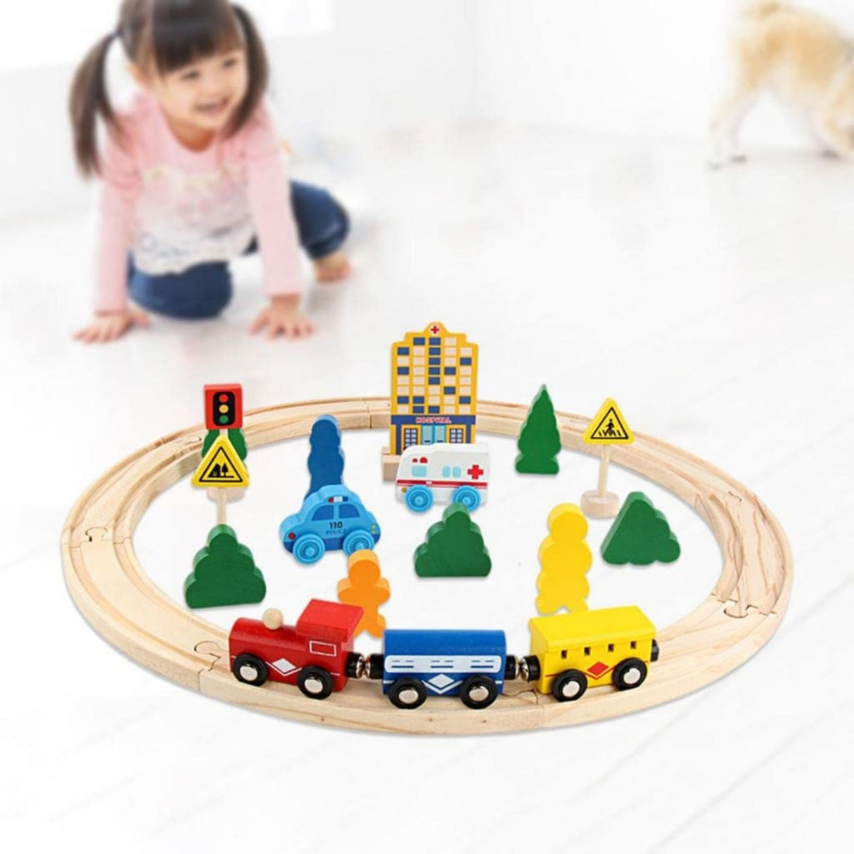 Set Circuit Trenulet din Lemn, Flippy, Locomotiva Electrica cu Sine de Lemn, 26 Piese, Jucarie Educativa Montessori, Masini de Interventie si Accesorii Oras, 3 ani+, Multicolor - vivimall.ro