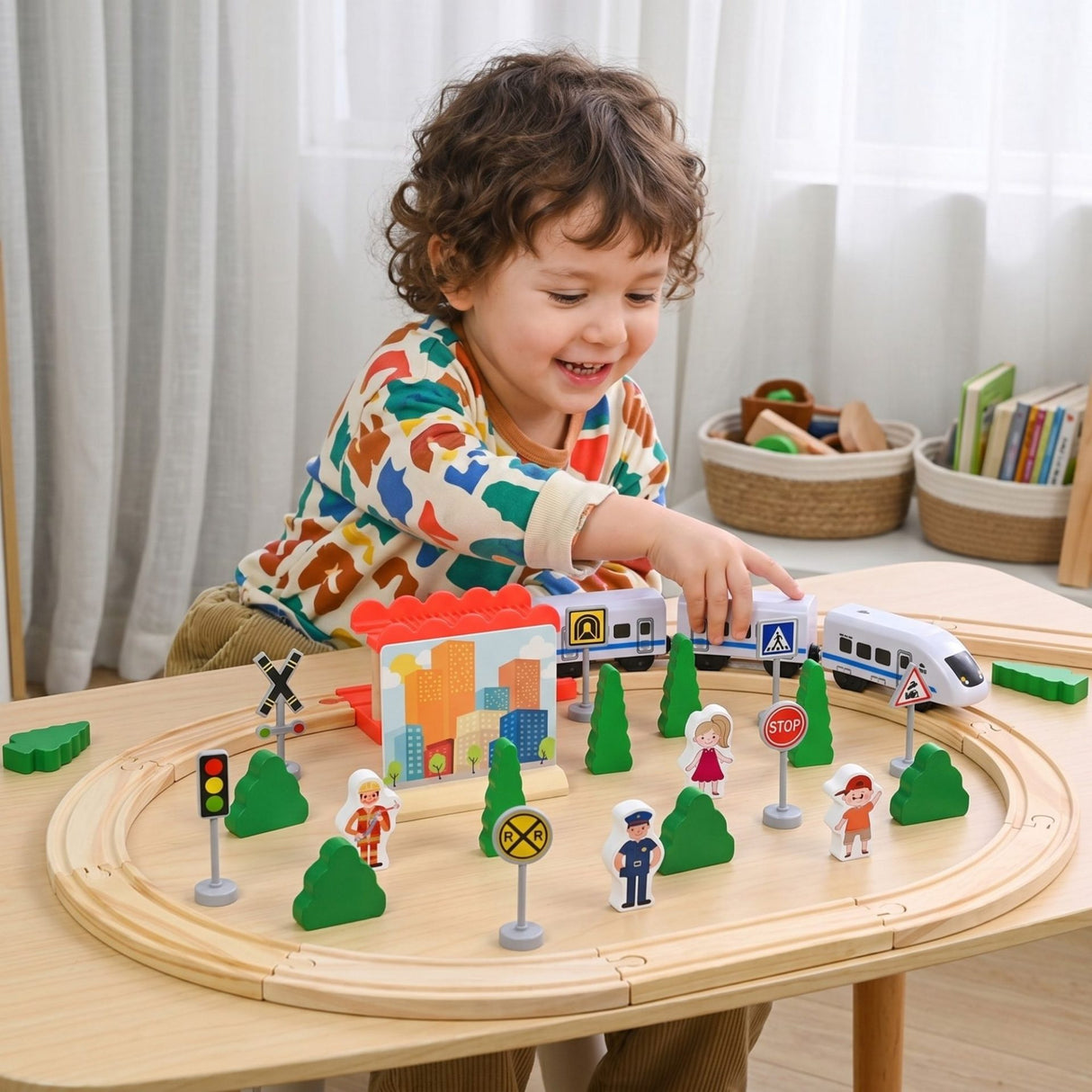 Detaliu șine lemn și locomotivă electrică Flippy, figurine polițist și semne de circulație incluse în set 35 piese
