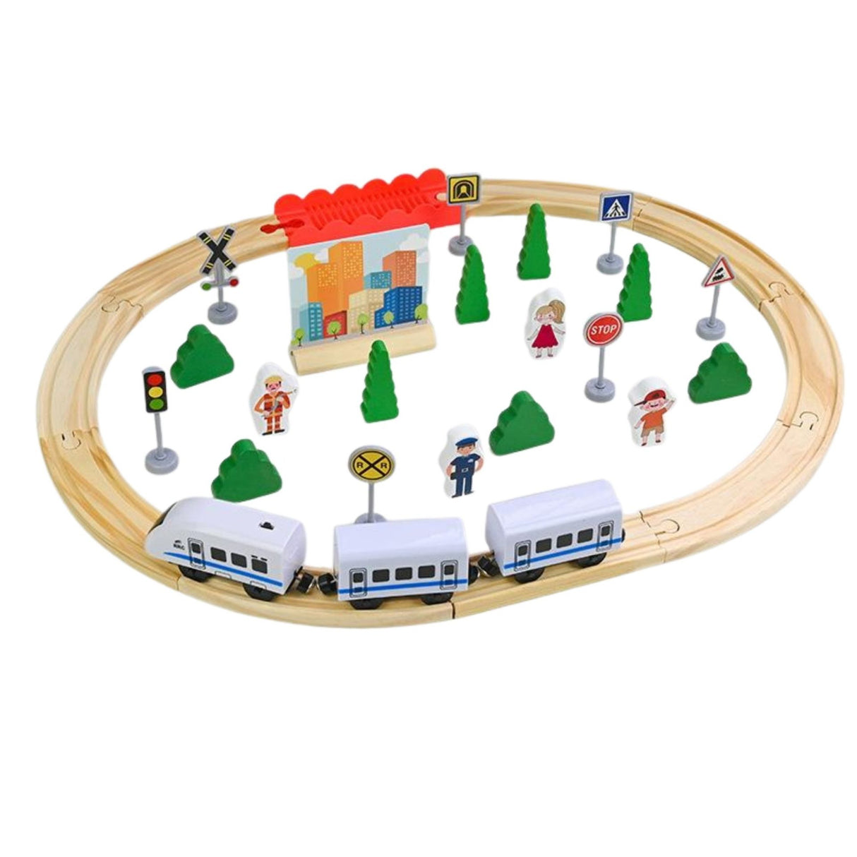Set circuit trenuleț din lemn Flippy, 35 piese, locomotivă electrică cu șine puzzle și figurine oraș, vedere de ansamblu