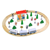 Set circuit trenuleț din lemn Flippy, 35 piese, locomotivă electrică cu șine puzzle și figurine oraș, vedere de ansamblu