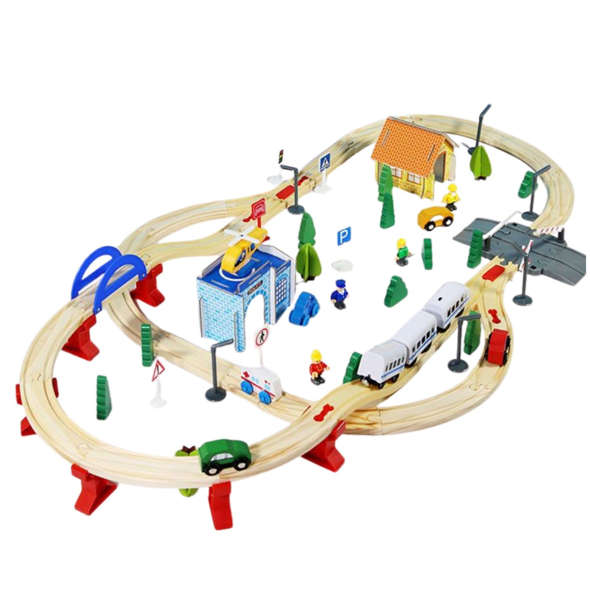 Set circuit trenulet din lemn Flippy, 96 piese, locomotivă electrică și pod, vedere de ansamblu