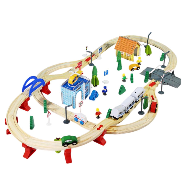Set circuit trenulet din lemn Flippy, 96 piese, locomotivă electrică și pod, vedere de ansamblu