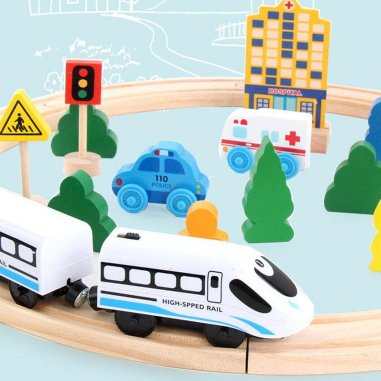 Locomotivă electrică Flippy High-Speed Rail albă pe șine din lemn, detaliu față, model trenulet Montessori
