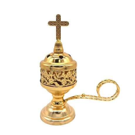 Arzător de tămâie arabesc auriu, stil oriental, pentru cărbune, vedere frontală – suport decorativ casă