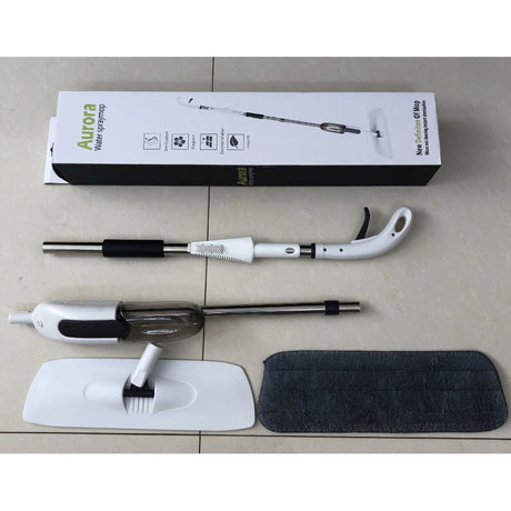 Mop plat, Vivimall, cu pulverizator, pentru uz casnic, plastic, rezerva de mop din microfibra, 125x40 cm, Alb/Negru - vivimall.ro