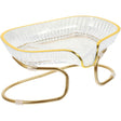 Savoniera cu suport auriu din TPE transparent, vedere frontală, dimensiuni 14 x 8.5 x 9 cm