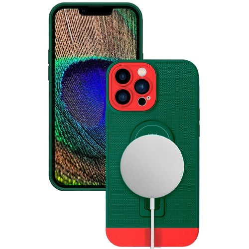 Husa Armor Design, Vivimall, pentru Apple iPhone 12, cu Stand, Suport Auto Magnetic, Wireless Charge, Verde/Rosu - vivimall.ro
