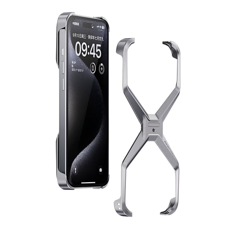 Husă Armor X pentru iPhone 15 Pro din aliaj de aluminiu, culoare gri metalizat, vedere frontală