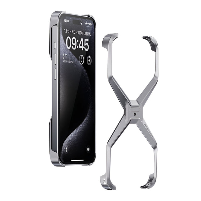 Husă Armor X pentru iPhone 15 Pro din aliaj de aluminiu, culoare gri metalizat, vedere frontală