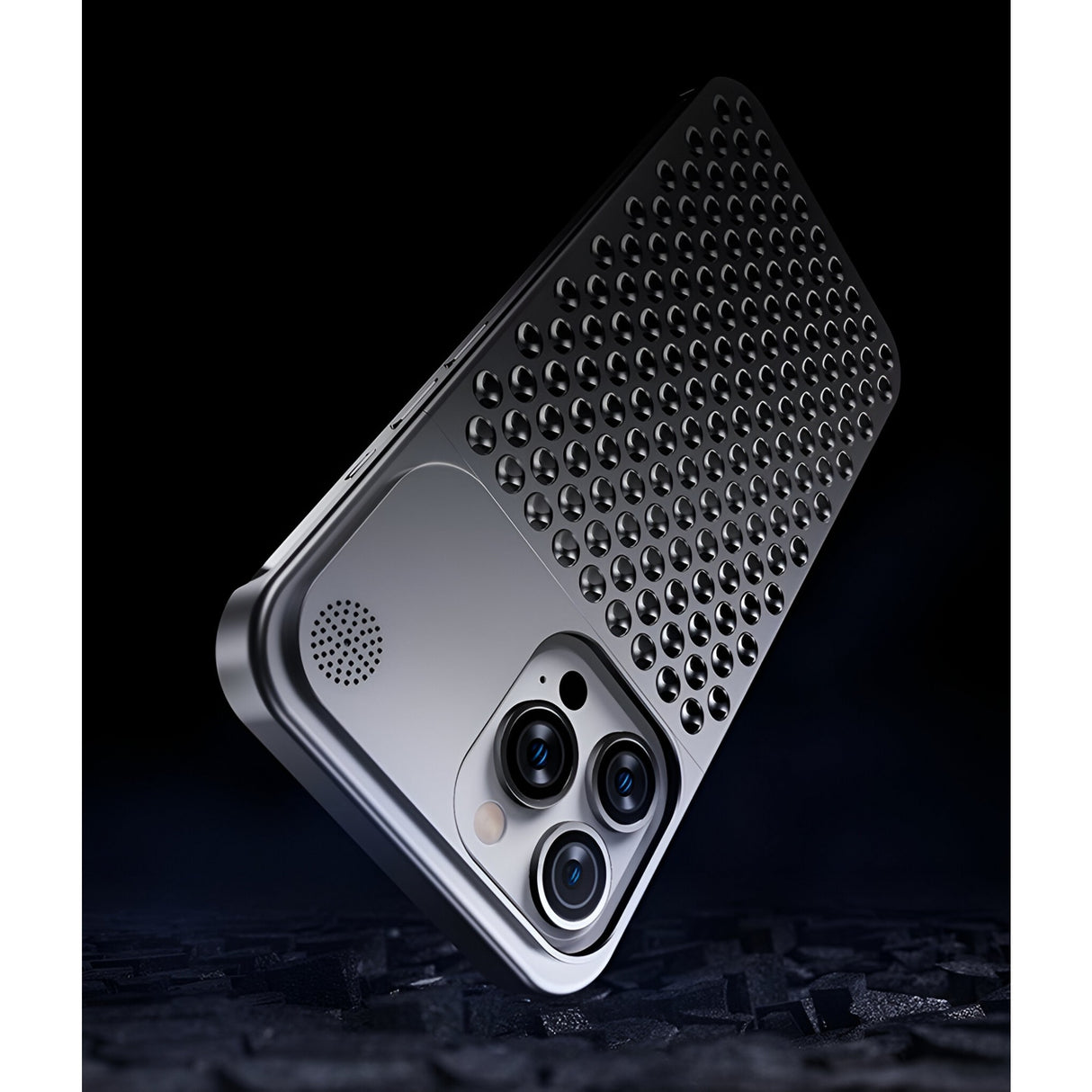Husă aluminiu iPhone 15 Pro gri, interior cauciuc protector pentru cadrul telefonului