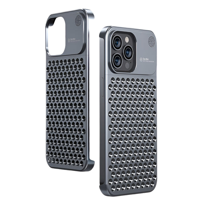 Husă iPhone 15 Pro din aliaj de aluminiu gri cu structură de răcire 3D, vedere frontală