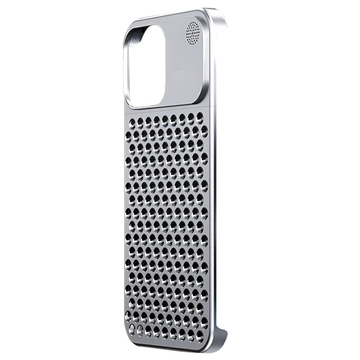 Detaliu structură de răcire 3D pe spatele hussei de aluminiu pentru iPhone 15 Pro Max, argintiu