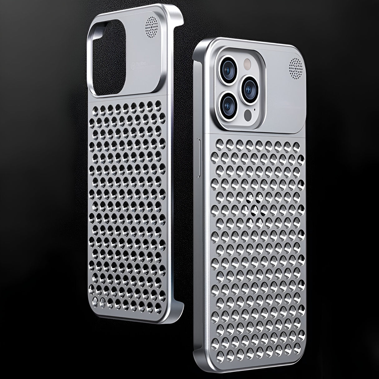 Secțiunea integrată pentru aromaterapie a hussei metalice iPhone 15 Pro Max, vedere spate