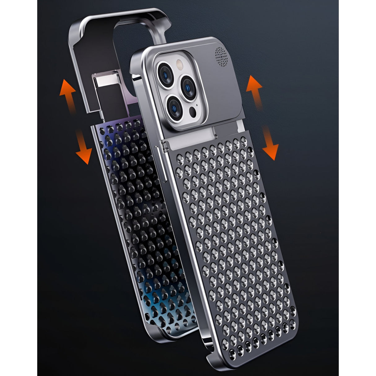 Husa Aromaterapia Compatibila cu iPhone 15 Pro Max, Vivimall, Antisoc, Antizgariere, Protectie Camera si Supraincalzire, din Aliaj de Aluminiu, Gri - vivimall.ro