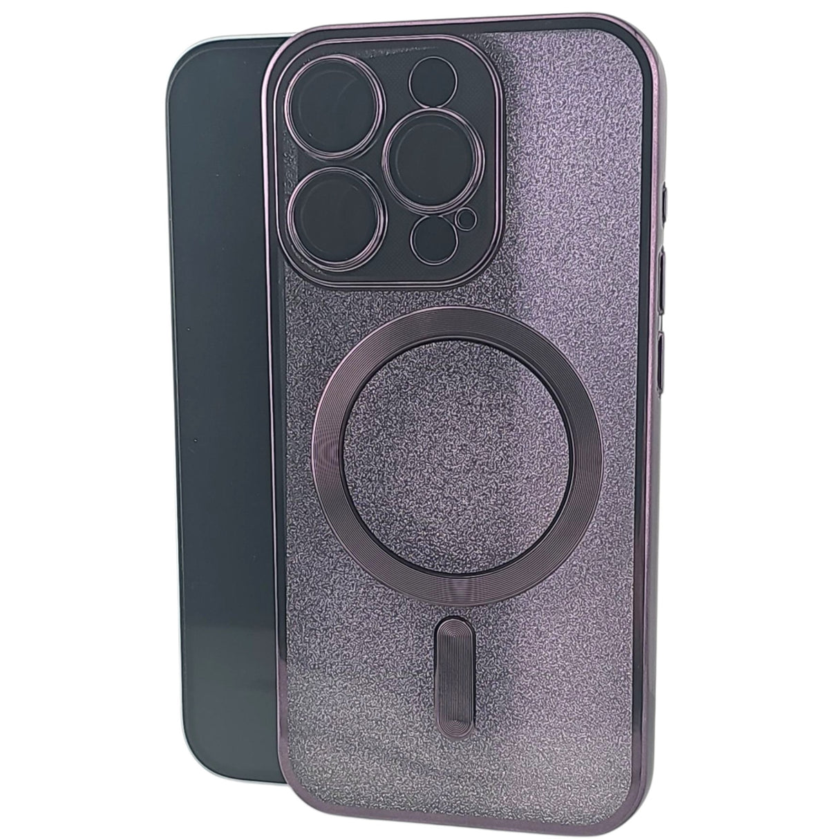 Husă iPhone 14 Pro 2 în 1 mov cu efect glitter, compatibilă MagSafe, vedere frontală – Vivimall