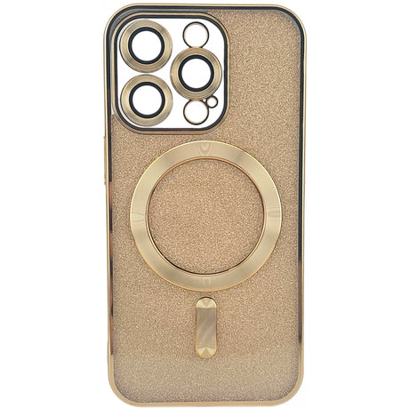 Detaliu sistem magnetic MagSafe și ramă protecție lentilă husă iPhone 15 Pro auriu glitter