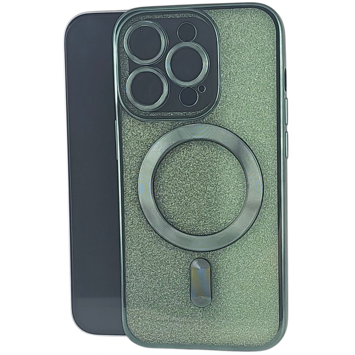 Husă iPhone 15 Pro Max 2 în 1, TPU verde cu efect glitter, compatibilă MagSafe, vedere frontală
