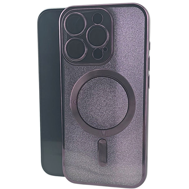 Husă iPhone 15 Pro Max 2 în 1, TPU mov cu efect glitter, compatibilă MagSafe, vedere frontală