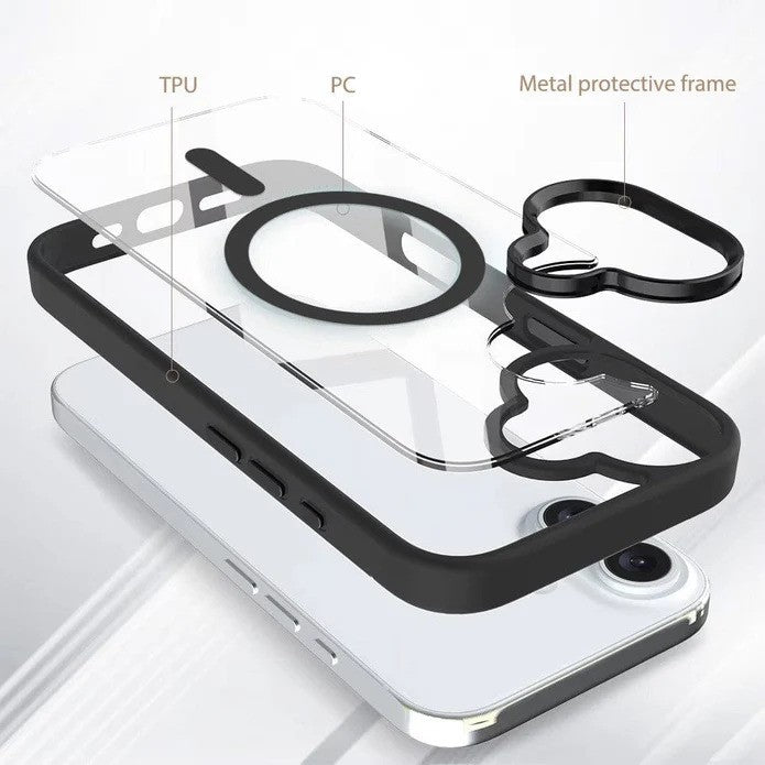 Husă iPhone 16 Plus transparentă montată pe telefon, vedere spate modul cameră protejat