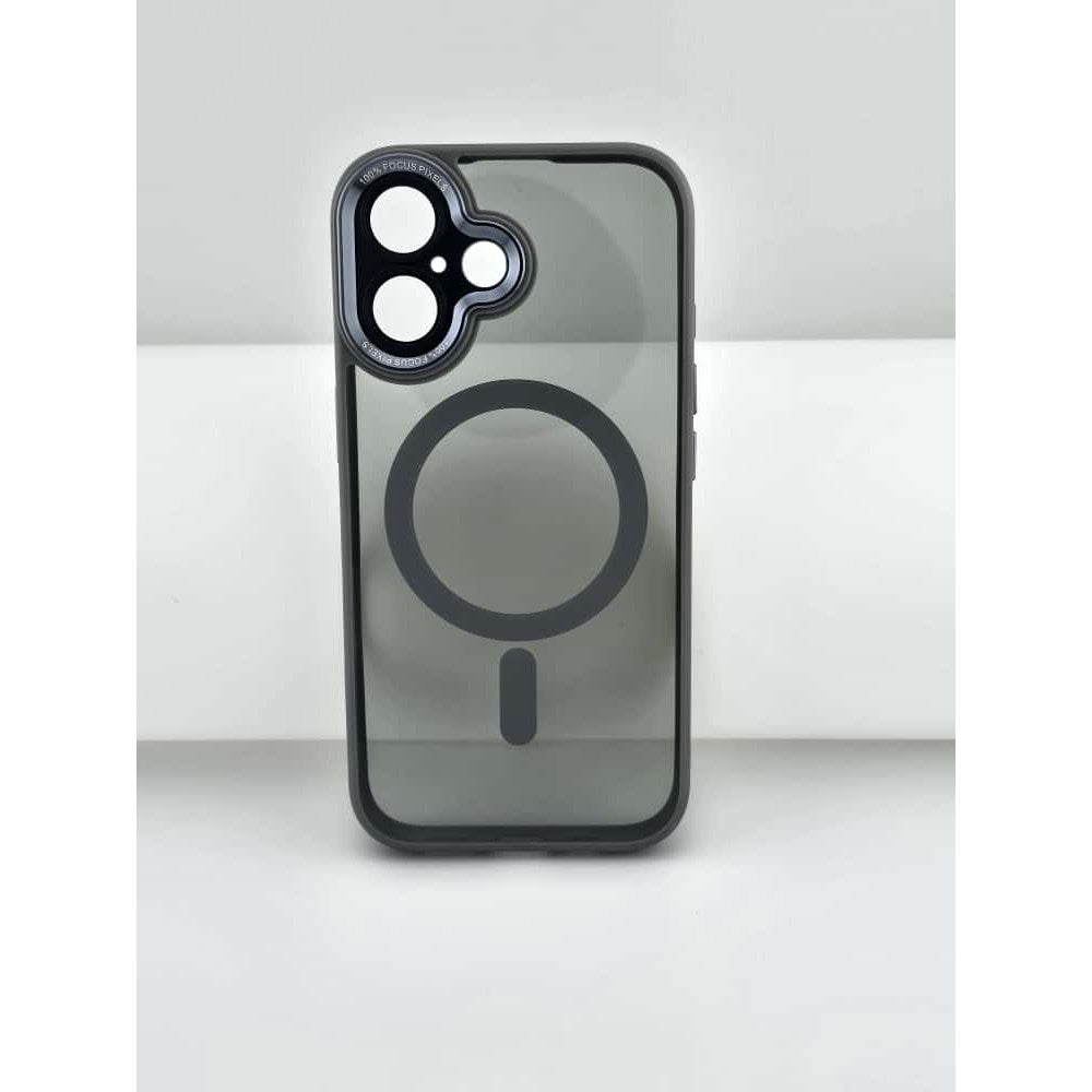 Husă iPhone 16 Plus gri transparent cu suport MagSafe, vedere ansamblu față-spate