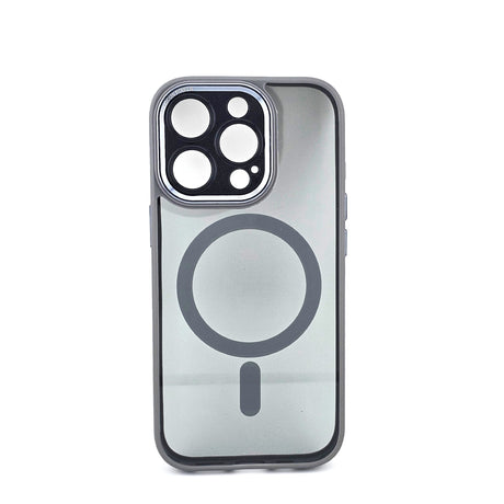 Husă iPhone 16 Pro MagSafe din TPU/PC gri, vedere frontală, protecție cameră și colțuri antisoc