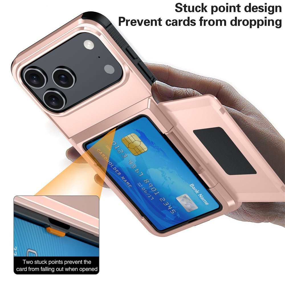 Husă Apple iPhone 17 Pro Rose Gold cu card bancar introdus în compartiment dedicat
