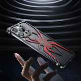 Husa de Protectie Compatibila iPhone 15 Pro, cu Suport Metalic pentru Camera, Armor Protective Series, Vivimall, Antisoc, Protectie de Metal pe Margini, Model Paianjen, Negru Rosu - vivimall.ro