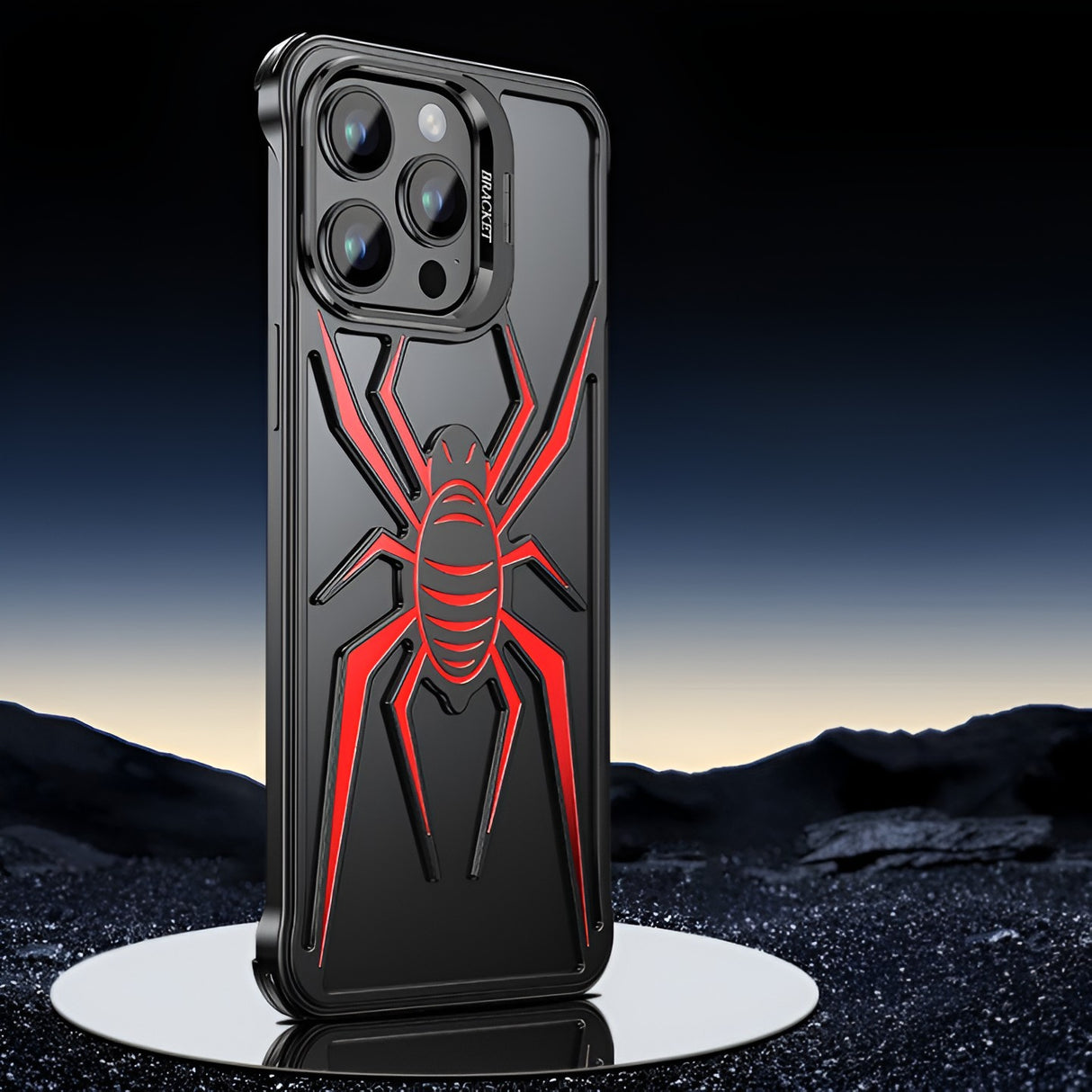 Husa de Protectie Compatibila iPhone 15 Pro, cu Suport Metalic pentru Camera, Armor Protective Series, Vivimall, Antisoc, Protectie de Metal pe Margini, Model Paianjen, Negru Rosu - vivimall.ro