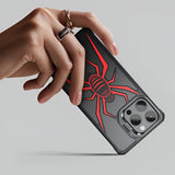 Husa de Protectie Compatibila iPhone 15 Pro, cu Suport Metalic pentru Camera, Armor Protective Series, Vivimall, Antisoc, Protectie de Metal pe Margini, Model Paianjen, Negru Rosu - vivimall.ro