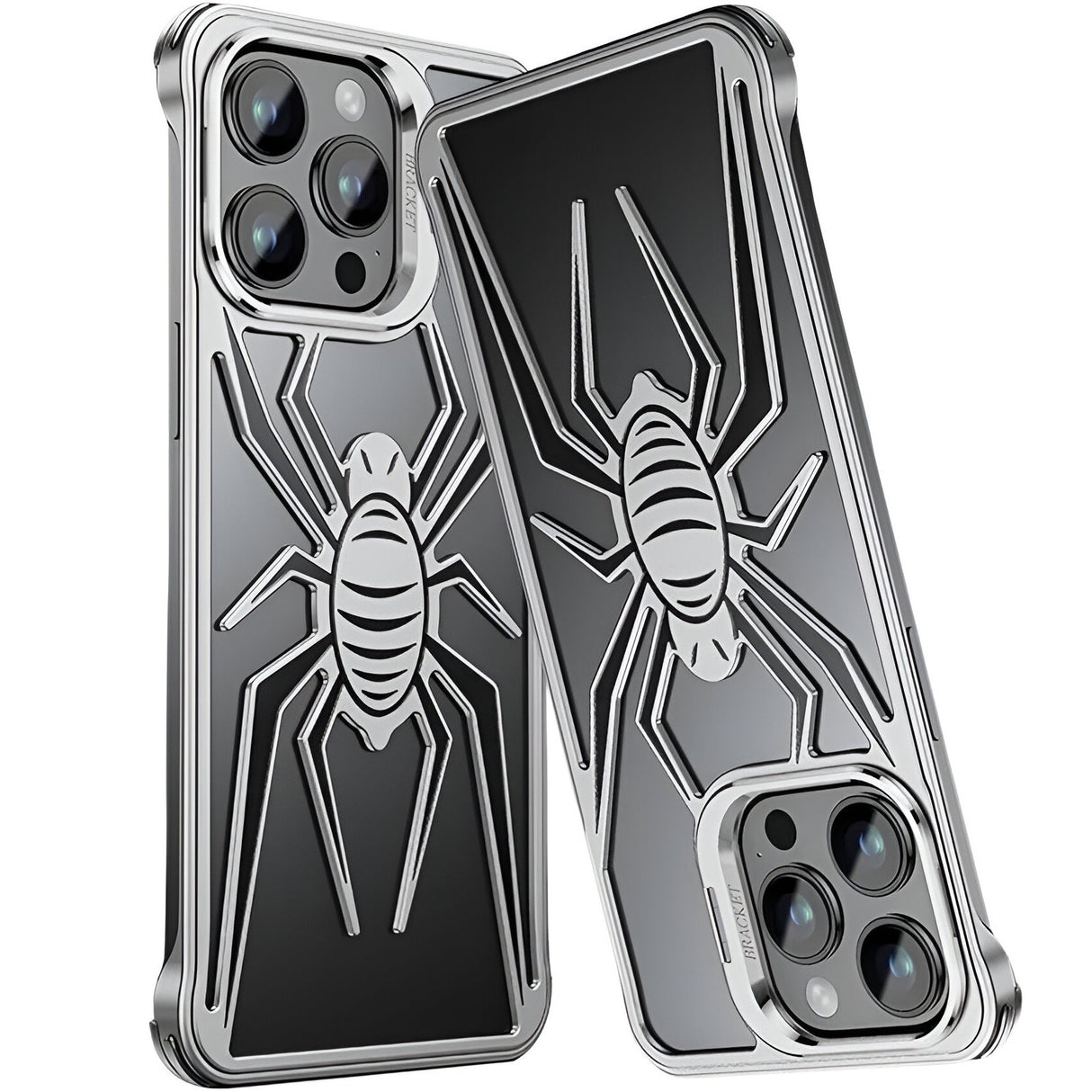 Husa de Protectie Compatibila iPhone 15 Pro, cu Suport Metalic pentru Camera, Armor Protective Series, Vivimall, Antisoc, Protectie de Metal pe Margini, Model Paianjen, Negru Gri - vivimall.ro