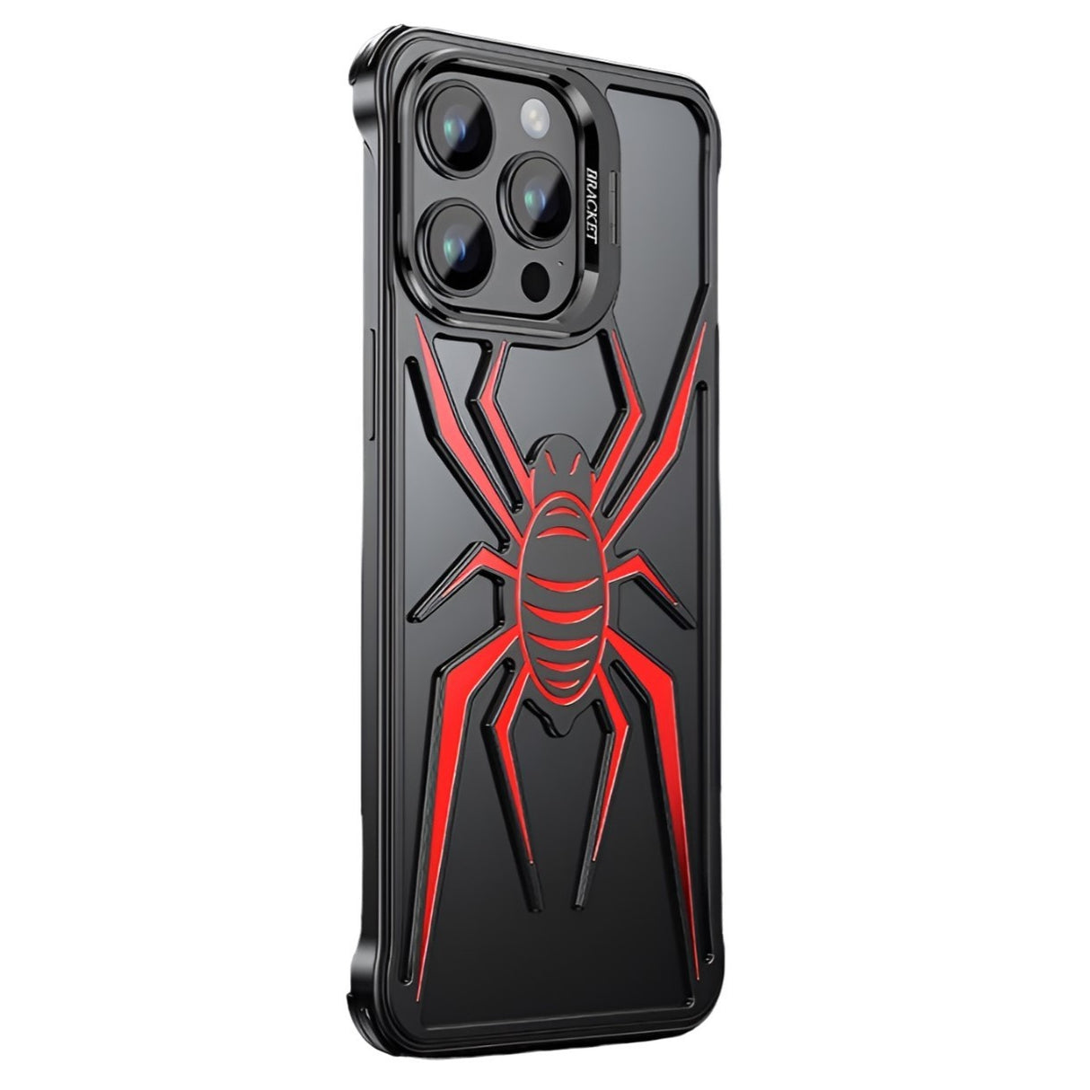 Husa de Protectie Compatibila iPhone 15 Pro, cu Suport Metalic pentru Camera, Armor Protective Series, Vivimall, Antisoc, Protectie de Metal pe Margini, Model Paianjen, Negru Rosu - vivimall.ro