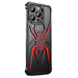 Husa de Protectie Compatibila iPhone 15 Pro, cu Suport Metalic pentru Camera, Armor Protective Series, Vivimall, Antisoc, Protectie de Metal pe Margini, Model Paianjen, Negru Rosu - vivimall.ro