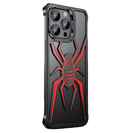 Husa de Protectie Compatibila iPhone 15 Pro, cu Suport Metalic pentru Camera, Armor Protective Series, Vivimall, Antisoc, Protectie de Metal pe Margini, Model Paianjen, Negru Rosu - vivimall.ro