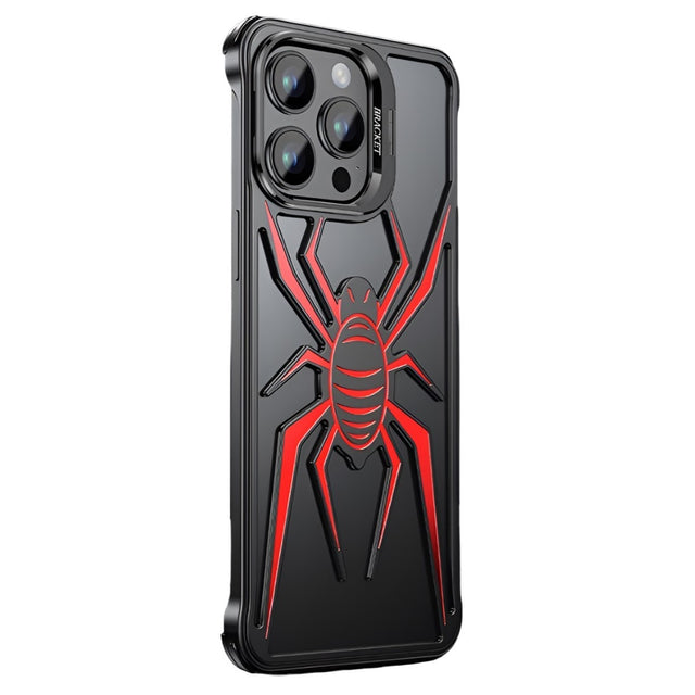 Husa de Protectie Compatibila iPhone 15 Pro, cu Suport Metalic pentru Camera, Armor Protective Series, Vivimall, Antisoc, Protectie de Metal pe Margini, Model Paianjen, Negru Rosu - vivimall.ro