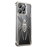 Husă iPhone 15 Pro Max Armor Protective, model păianjen negru-gri, vedere frontală cu protecție metalică pe margini