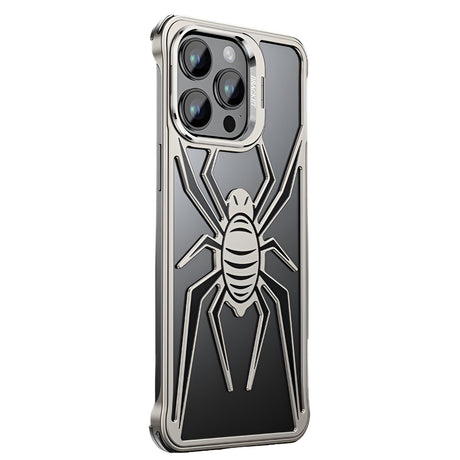 Husă iPhone 15 Pro Max Armor Protective, model păianjen negru-gri, vedere frontală cu protecție metalică pe margini