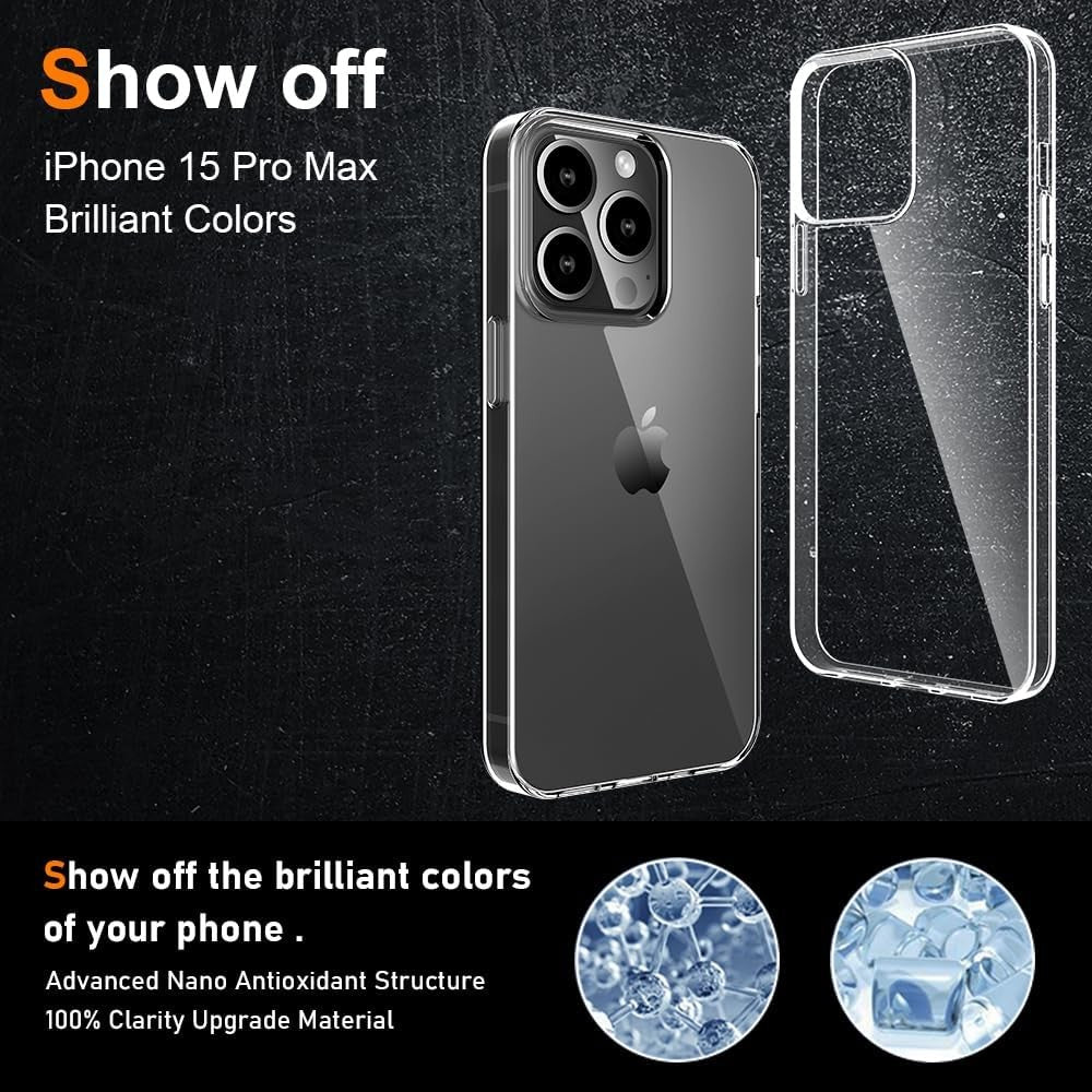 Husă silicon PC transparentă montată pe iPhone 15 Pro Max, vedere comparativă față-spate