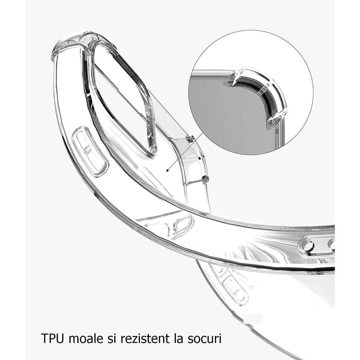 Husă transparentă antisoc iPhone 13 Pro Max, detaliu decupaj cameră foto și flash